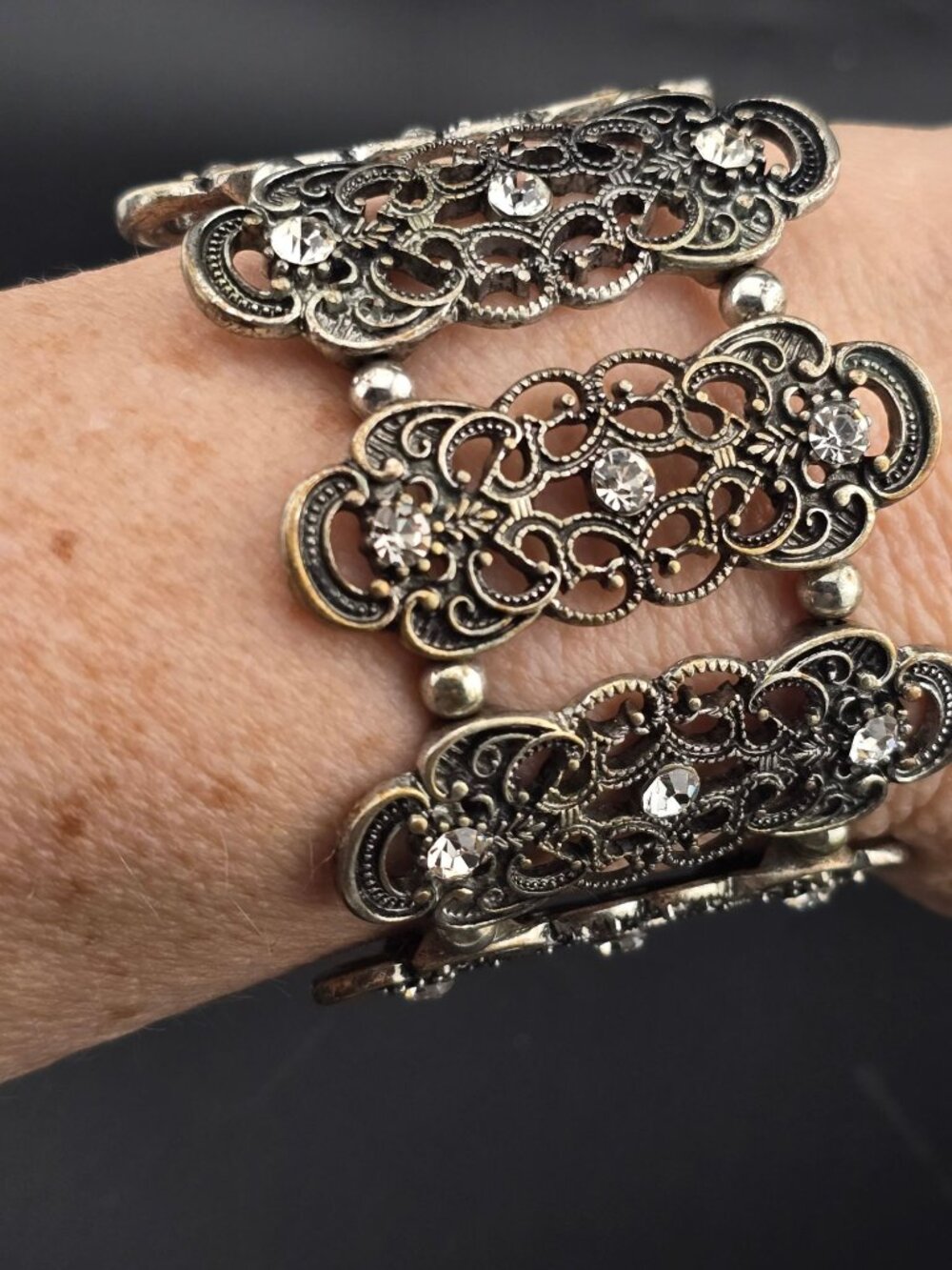 Gold and silver tone filigree Stretch Bracelet Rhinestone 6.25"- larger - Picture 2 of 8